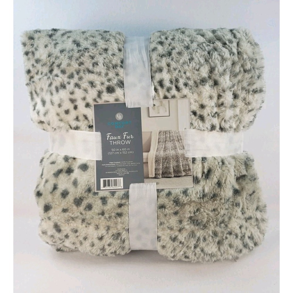Faux Fur Throw Blanket Snow Leopard Sherpa Plush Neutral Cozy Decor 50x60 New